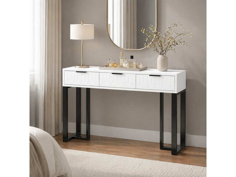 Console avec tiroirs, pieds réglables et cadre doré, motifs géométriques, pour entrée, salon ou bureau, blanc et noir - Conforama D