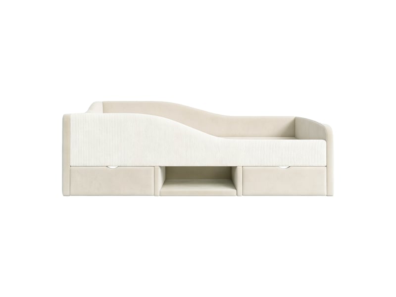Lit enfant capitonné 90x190 cm beige velours avec deux tiroirs et barrières de sécurité sans matelas Sol Morn - Conforama A