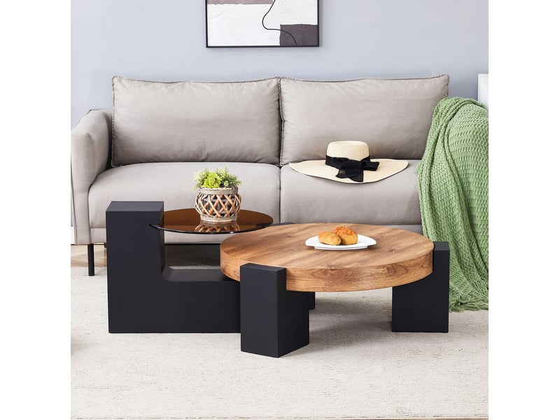  Table basse ronde à 2 niveaux avec plateau en verre transparent et pieds en l modulables, pour salon, noir et bois  - Conforama B