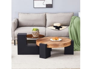 Table basse ronde à 2 niveaux avec plateau en verre transparent et pieds en l modulables, pour salon, noir et bois