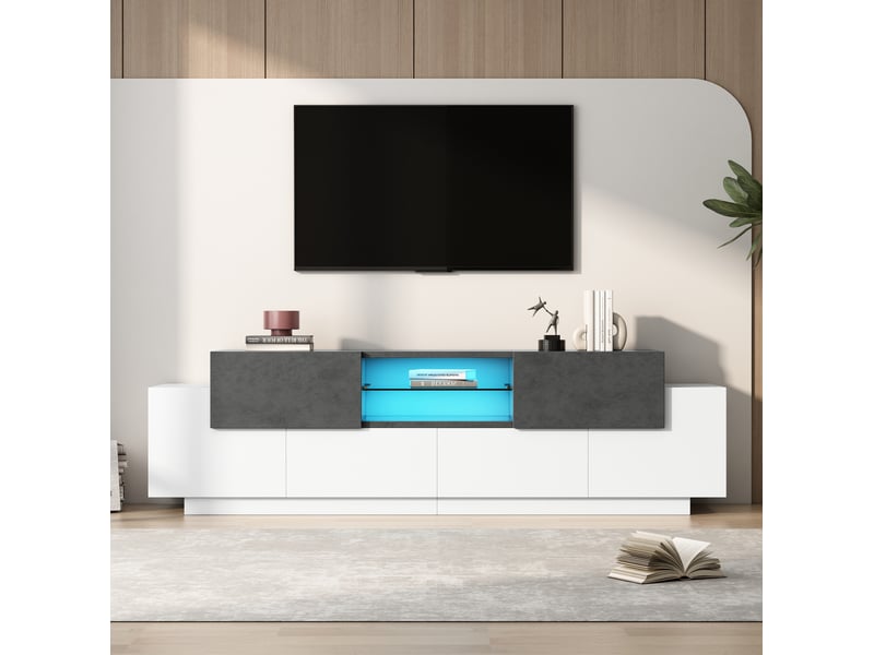  Meuble tv modenvie 180 x 40 x 45 cm avec led rgb, rangements et verre trempé blanc et gris  - Conforama D