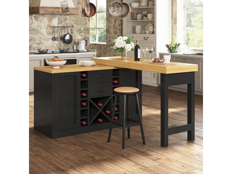  Desserte de cuisine avec 2 tiroirs, portes, porte-bouteilles et plateau pivotant, en mdf 120×40×73,8 cm noir  - Conforama C