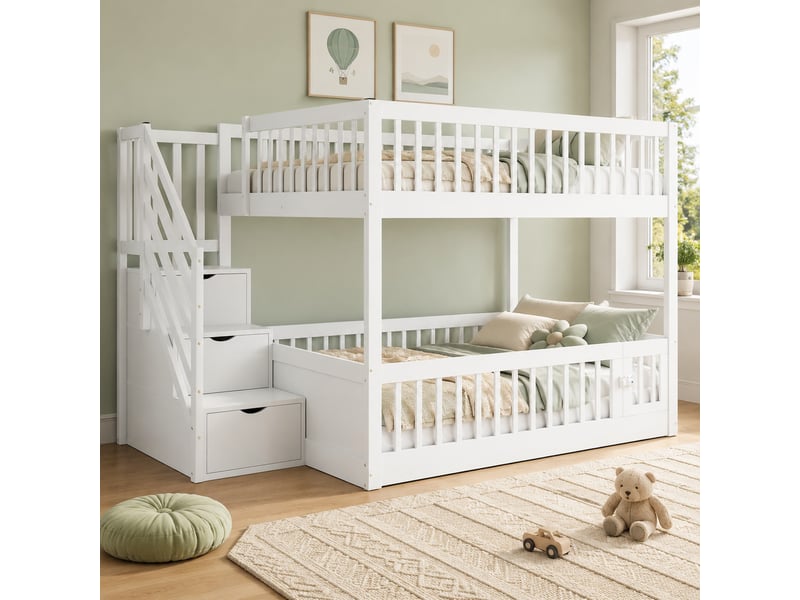  Lit superposé 200×140 cm avec escalier à tiroirs, barrières de protection et porte ouvrante, sans matelas, blanc  - Conforama B