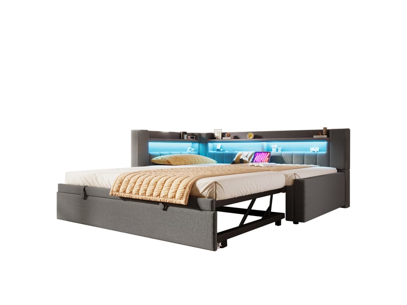  Lit gigogne convertible 90180x200 cm avec led et usb-c, tissu lin gris, structure mdf, sans matelas  - Conforama A