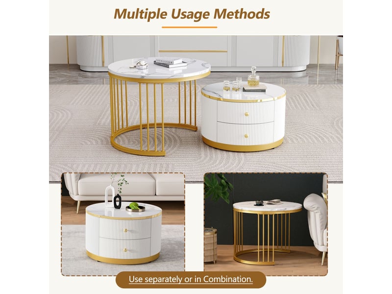  Table basse, 60x60x50 50x50x30, table basse salon plateau effet marbre, 2 tiroirs, set de 2 tables gigognes rondes, blanc  - Conforama C