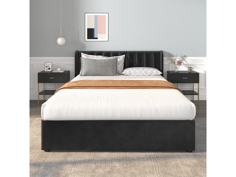  Lit double capitonné 160x200 cm avec deux tiroirs, lit double avec sommier à lattes et tête de lit, lit 2 personnes, noir  - Conforama C