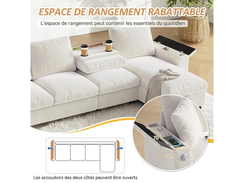  Canapé d'angle en chenille beige 4 places avec rangement - table basse rabattable et ports usbtype-c  - Conforama W