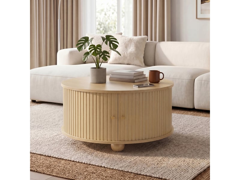  Table basse ronde 72x72x38 cm - table de salon rétro avec 2 portes coulissantes cannelées et 4 compartiments de rangement – mdf - naturel  - Conforama B