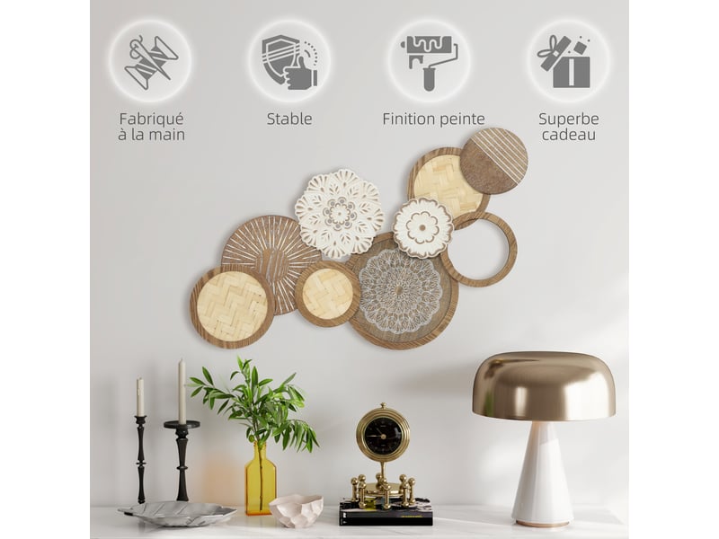  Décoration murale en bois, sculpture murale en bois, design unique à plusieurs disques, bois naturel, 83,8 x 44,5 cm  - Conforama R