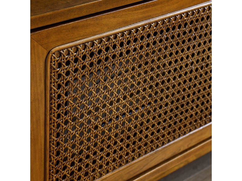  Meuble tv en rotin, 50×40×150 cm, avec pieds en bois massif et portes en rotin, finition noyer clair  - Conforama E