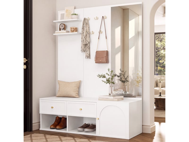  Vestiaire d'entrée complet blanc avec banc et miroir, meuble d'entrée 120cm, porte-manteau mural 5 crochets  - Conforama R