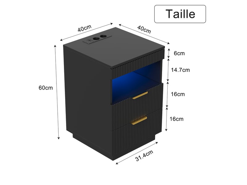  Table de chevet style luxe noir à texture cannelée 60×40×40 cm, 2 tiroirs avec tiroir caché, éclairage led rgb, station de charge prises secteur, usb‑a et usb‑c, compartiment de rangement ouvert  - Conforama E