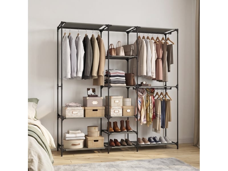 Armoire textile ouverte noire 182 x 43 x 182 cm avec 3 tringles et 5 étagères, montage sans outil pratique - Conforama E