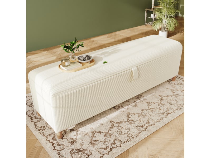  Banc coffre 175x38 cm avec rangement hydraulique, assise rembourrée, revêtement côtelé beige, pour chambre, salon  - Conforama D