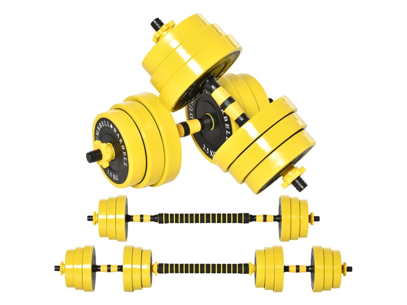  Haltères et barre de 25 kg, kit d'haltères ergonomique 3 en 1 réglable, 12 disques, 2 barres courtes, 1 barre longue, jaune et noir  - Conforama A