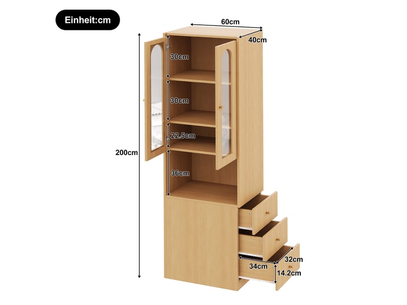  Bibliothèque haute 60x40x200 cm, led, vitrine en verre trempé, tiroirs latéraux, meuble salon et bureau, mdf, chêne  - Conforama C