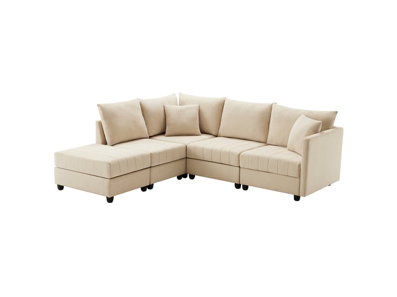 Canapé d’angle modulable 5 places beige avec pouf mobile en tissu aspect lin - Conforama A