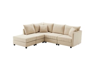 Canapé d’angle modulable 5 places beige avec pouf mobile en tissu aspect lin
