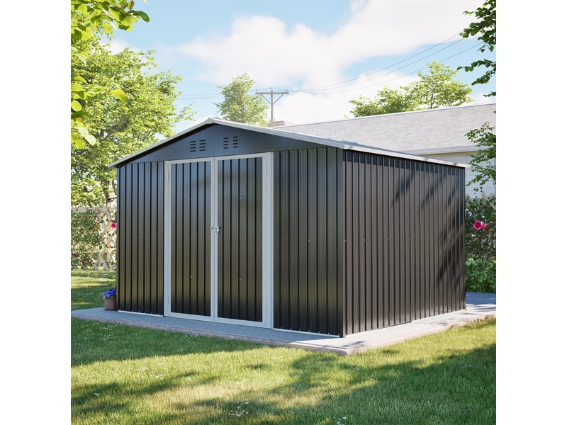  Grand abri de jardin en métal 300 x 252 x 191 cm, espace de rangement 6,91 m² avec double porte verrouillable, toit à deux pentes, gris Luxe haut de gamme - Conforama E