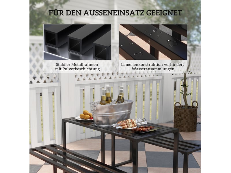 Salon de jardin 3 pièces d'extérieur 110 x 55 x 70 cm noir en métal, table et 2 bancs pour 4 personnes - Conforama E