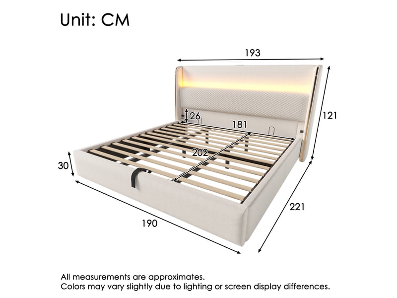  Elvmi lit coffre hydraulique avec grand tête de lit capitonnée effet lin, led intégrée, station de charge usbtype-c, rangement sous le lit, matelas 180x200 cm inclus, coloris beige  - Conforama C