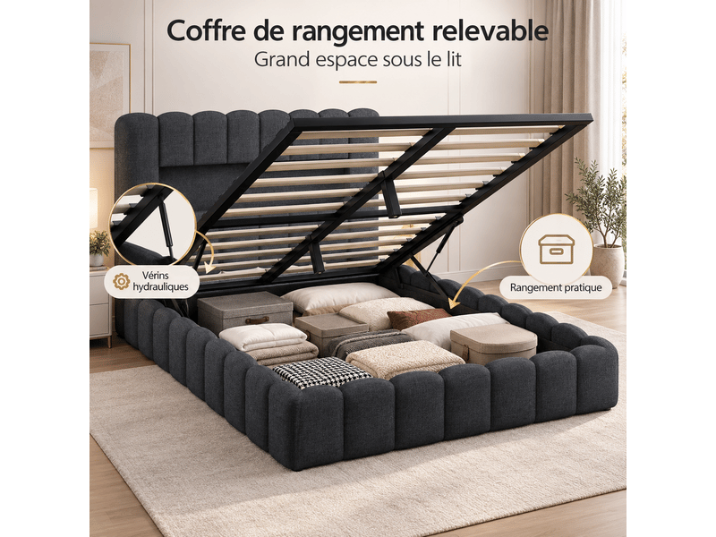 Lit coffre 180 x 200 cm avec led et ports usb,lit double rembourré , rangement hydraulique, lit fonctionnel,lin ,gris - Conforama B