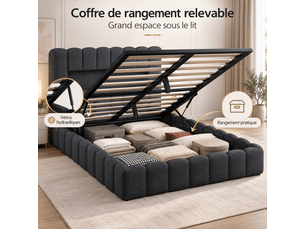 Lit coffre 180 x 200 cm avec led et ports usb,lit double rembourré , rangement hydraulique, lit fonctionnel,lin ,gris