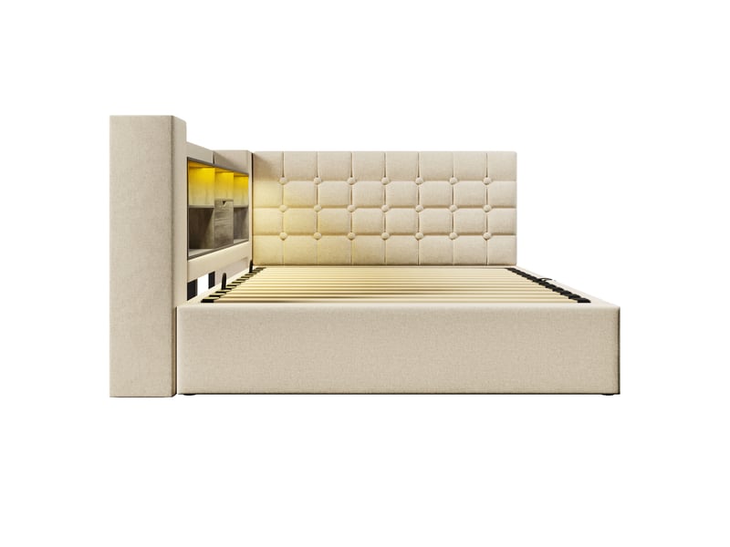 Lit double rembourré 140x190 cm avec led, rangements et ports usb, tissu lin beige chicfurn  - Conforama W