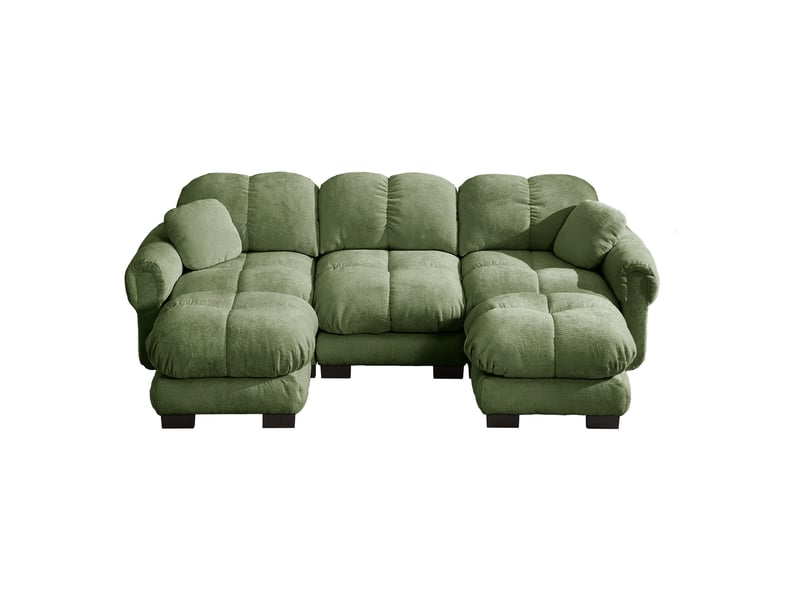Canapé panoramique 3 places en u avec ottomane mobile et coussins, tissu chenille vert, design steppé pour salon moderne - Conforama A