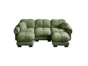 Canapé panoramique 3 places en u avec ottomane mobile et coussins, tissu chenille vert, design steppé pour salon moderne