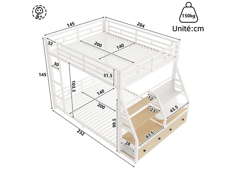 Lit superposé enfant, 140x200 cm, avec éclairage led latéral et étagères de rangement, structure en métal, blanc - Conforama C