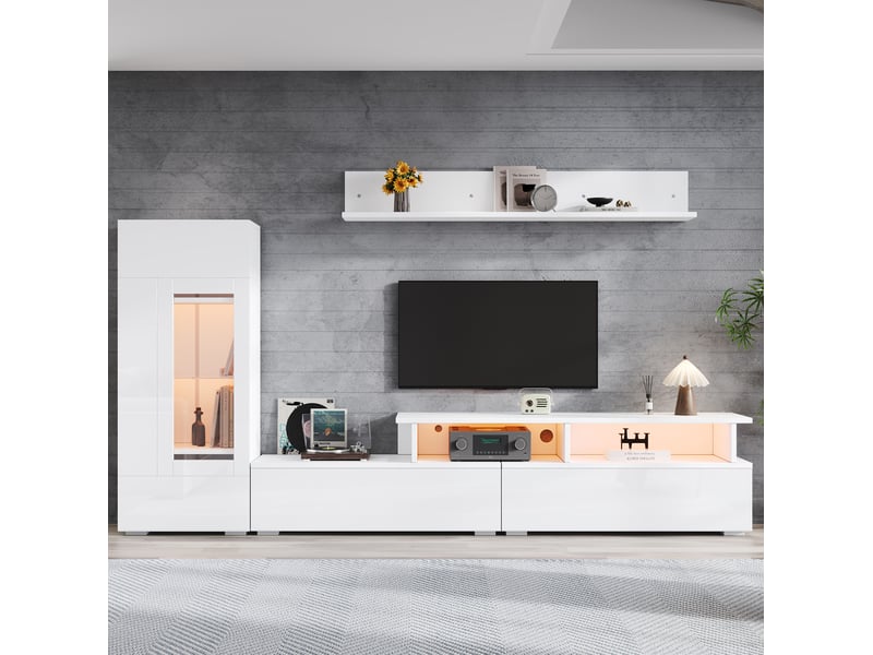  Meuble tv 170 cm, led, façade brillante, support tv, modèle fonctionnel, pour salon, en panneaux de particules, blanc  - Conforama E
