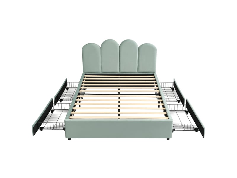  Lit rembourré 140x200 cm avec 4 tiroirs de rangement et tête de lit arquée en velours, lit enfant bas, vert clair  - Conforama E