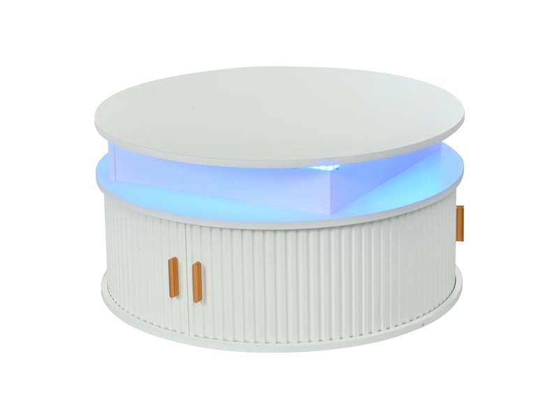  Table basse ronde blanche réglable en hauteur avec éclairage led, rangement caché et portes coulissantes, 75x75x52cm  - Conforama A