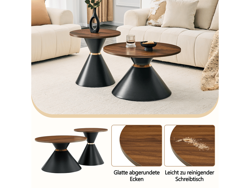  Table basse lot de 2 pièces forme ronde effet noyer cadre métal noir format compact  - Conforama E