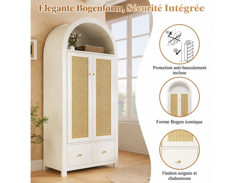  Armoire penderie blanche, cannage en rotin, 2 portes, 2 tiroirs, 78 x 45 x 181 cm  - Conforama D