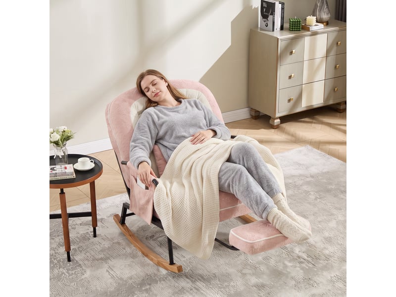  Fauteuil à bascule avec repose-pieds, fausse fourrure rose, dossier réglable, pochette latérale, coussin rembourré, intérieur extérieur  - Conforama D
