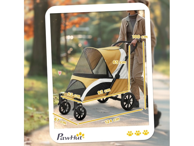 Poussette pliable 124x67x100 cm avec 4 roues, freins et leines de sécurité, marron - Conforama D