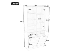 Colonne de salle de bain grise en mdf 78 × 35 × 172,7 cm, double panier à linge, étagères réglables et rangements
