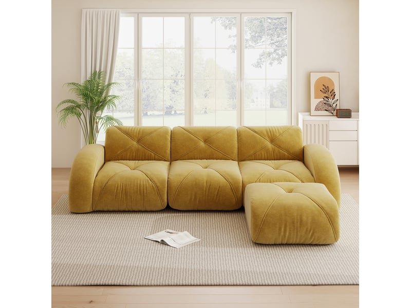  Canapé modulable 3 places jaune en tissu avec pouf, sans montage, format bas pour votre salon au quotidien  - Conforama E