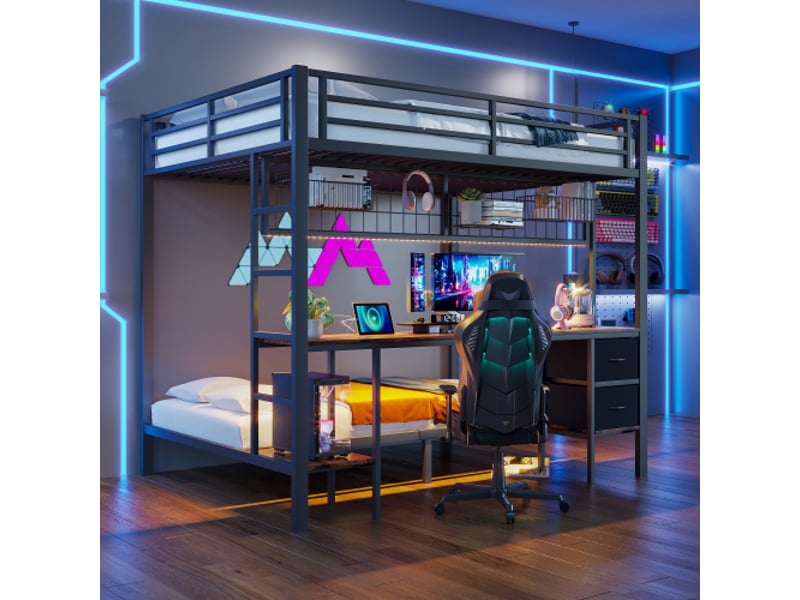 Lit mezzanine 140x200cm coloris noir led lit enfant noir - Conforama E