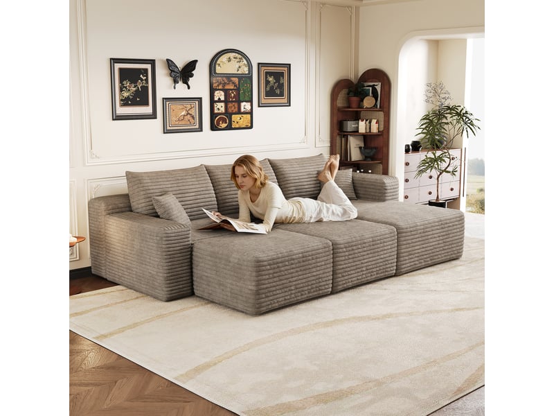 Canapé d'angle modulaire 3 places avec 2 poufs 241 x 151 x 58 cm, assise profonde, design nuage, velours côtelé, chameau Bliss Lite - Conforama B