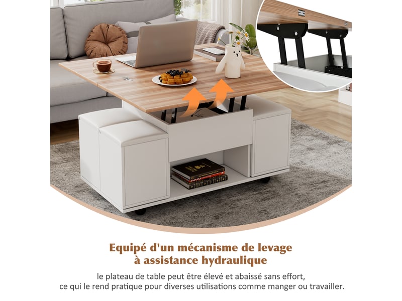 Table basse relevable multifonction blanche et bois, transformable en table à manger avec 4 poufs et rangement, 100x100x63.5cm - Conforama E