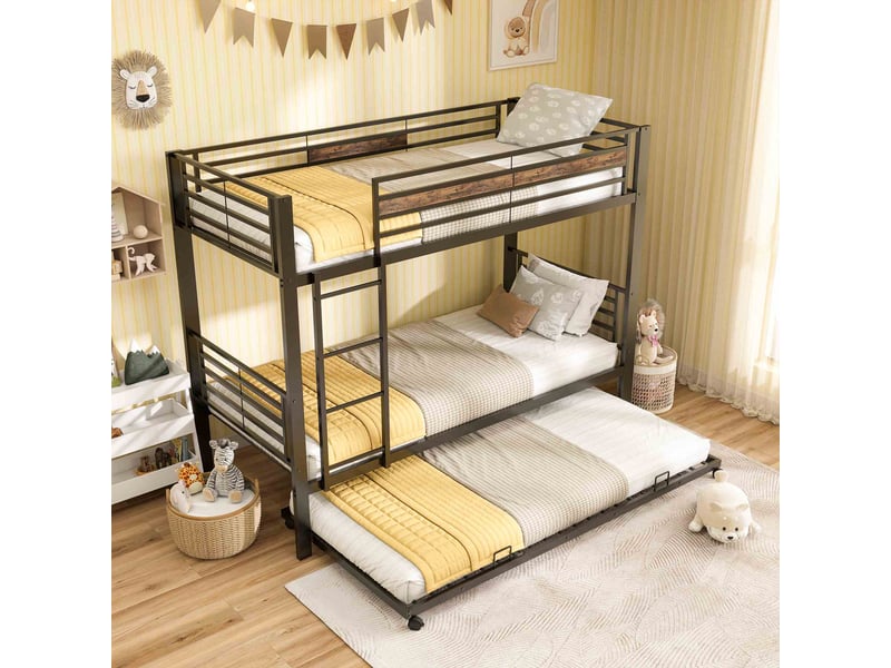  Lit superposé 90x200 cm avec lit gigogne 90x190 cm, 3 couchages, barrières de sécurité et échelle, structure en métal gain de place - noir  - Conforama B