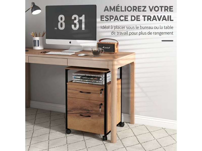  Caisson de bureau mobile 2 tiroirs et 1 étagère sur roulettes marron 44 x 40 x 66,5 cm  - Conforama D