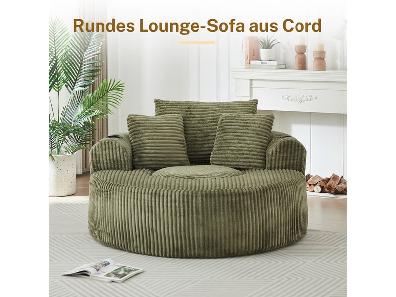  Fauteuil lounge rond 1 place – vert – velours côtelé, 3 coussins amovibles, porte-gobelets et poches latérales  - Conforama B