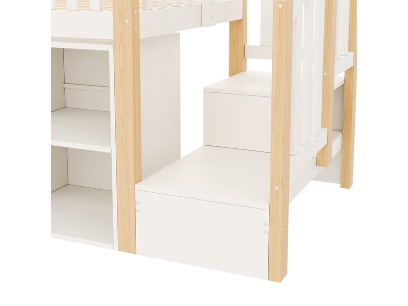  Lit mezzanine 90x200 cm naturel, tiroirs, rangements, armoire trapézoïdale, éclairage led, sans matelas  - Conforama E