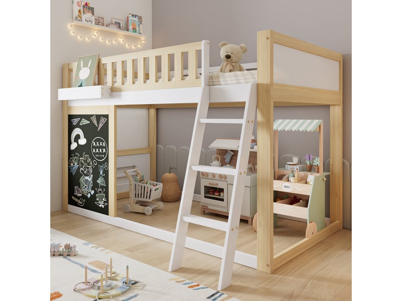 Lit superposé enfant 90x200 cm, structure de lit avec sommier à lattes en pin, lit simple enfant, blanc + couleur bois naturel  - Conforama A