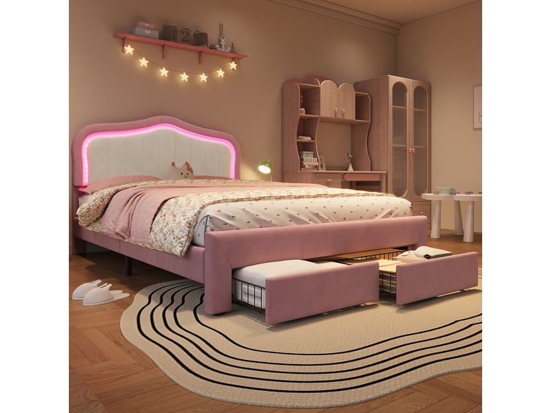  Lit enfant rembourré 140x200cm rose, 2 tiroirs en pied de lit, tête de lit blanche, led par app, jusqu'à 220 kg  - Conforama E