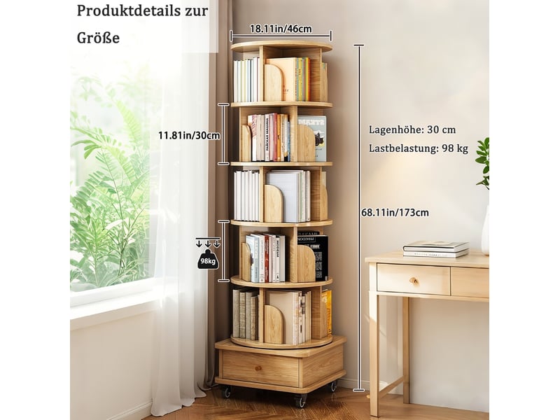  Bibliothèque rotation à 360° 46x46x173 cm avec 1 tiroir en mdf couleur bois clair, design naturel, confort optimal  - Conforama C